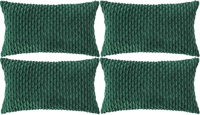 Set of 4 Dark Green Decorative Throw Pillow Covers 12x20 Inch Corduroy Pillow by Cozoomy