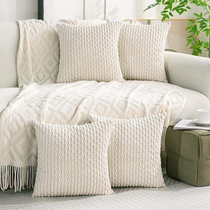 Set of 4 Cream White Decorative Throw Pillow Covers 22x22 Inch Corduroy Pillow - Image 9