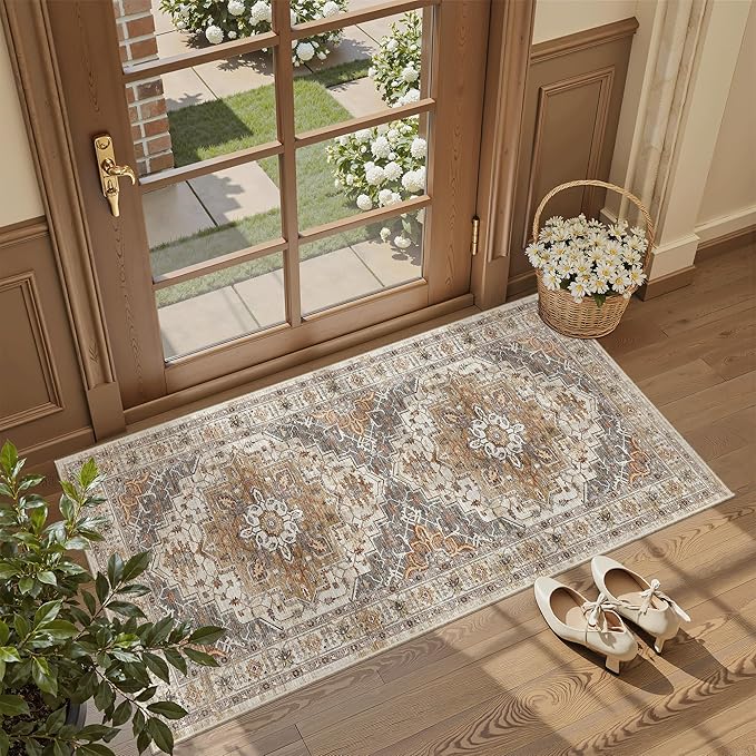 Madane Washable Area Rug 2x4, Small Entryway Rugs Non-Slip, Turmeric/Grey | by Madane