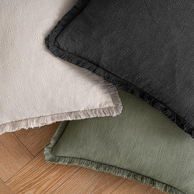 MIULEE Boho Linen Fringe Decorative Throw Pillow Covers Black 18x18 | Set of 2 - Image 4