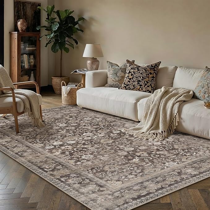 5x7 Coffee Brown Vintage Floral Washable Area Rug by HUGEAR