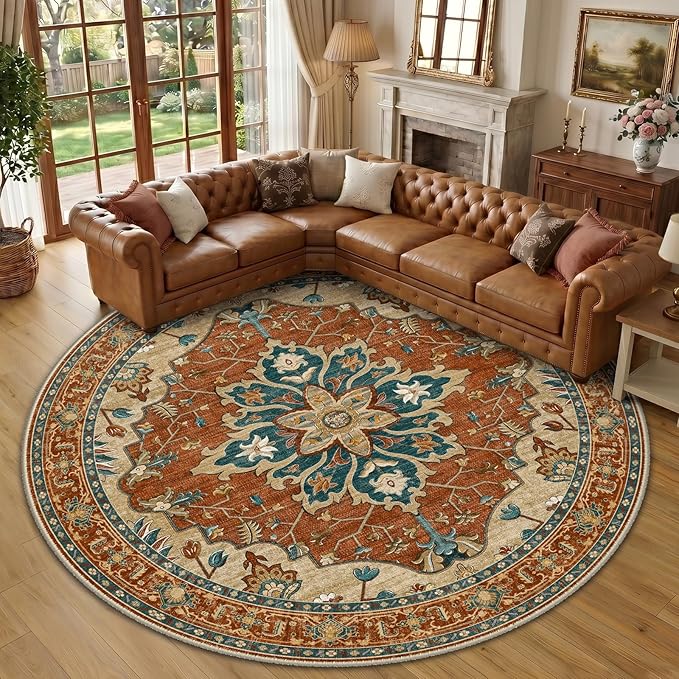 RELEANY Washable Area Rug, Round 10ft, Water Repellent, Pet Friendly, Vintage by RELEANY