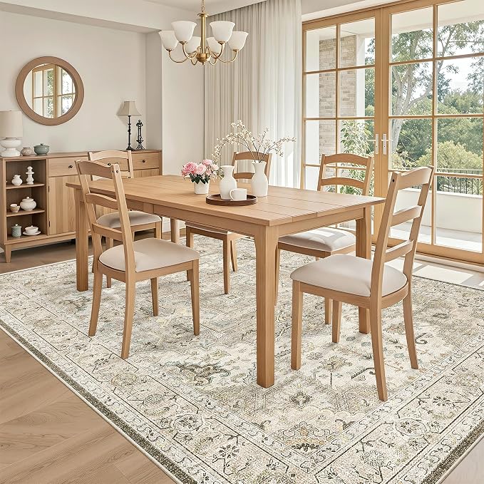 Madane 6x9 Area Rugs for Living Room, Vintage Washable Rug, Ivory/Brown | Stain - Image 3