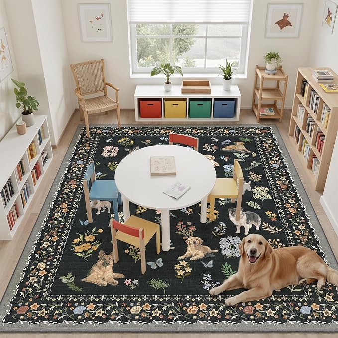 Soalmost Dog 8x10 Area Rugs for Living Room, Washable Animal Soft Rug Black | - Image 2