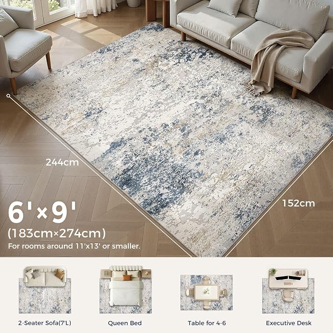 DMOYEST Area Rug Living Room Rugs 6x9 Washable Abstract Beige Blue Carpet | - Image 2