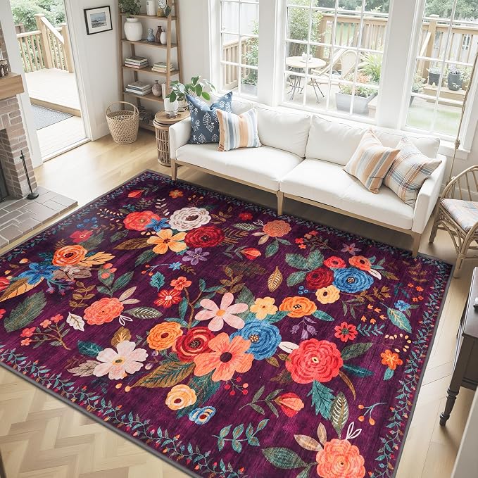 Purple Floral Area Rug 8 x 10 for Living Room Bedroom | Non Slip; Stain by WelcometoBabovid