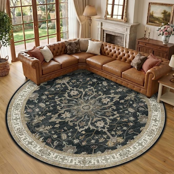 RELEANY Washable Area Rug, Round 10ft, Water Repellent, Pet Friendly, Vintage by RELEANY