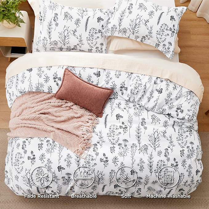 Bedsure Full Comforter Set - Bright White Bed Set, 3 Pieces Cute Floral Bedding, 1 Soft Reversible Botanical Flowers Comforter and 2 Pillow Shams