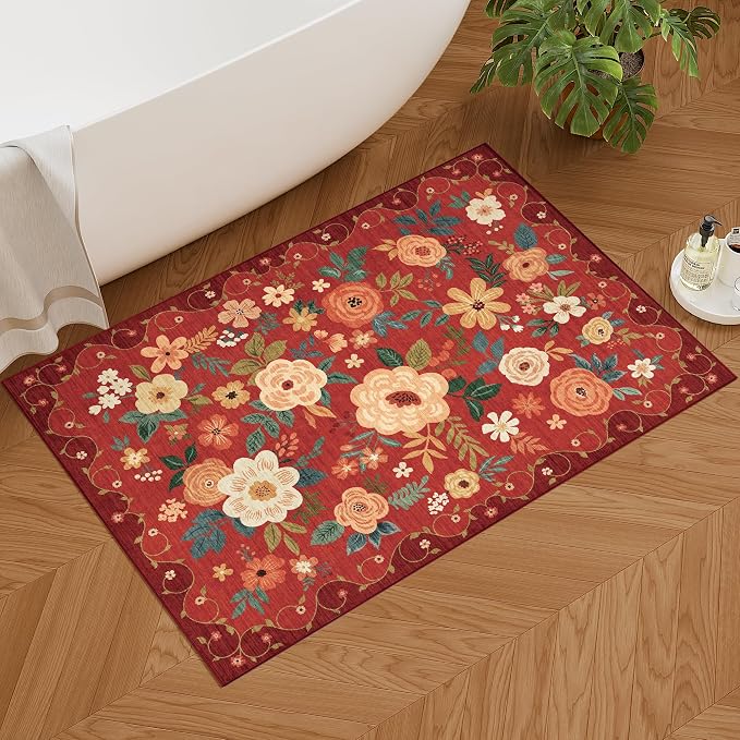 DUKINO 2x3 Entryway Rug, Floral Door Mat Soft Washable Rug Non Slip, - Image 9
