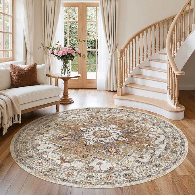 Madane Washable 5ft Circle Round Rug, 5x5 Circular Area Rugs, Turmeric/Grey | - Image 2