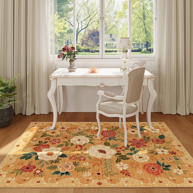 DUKINO 4x6 Area Rug, Floral Washable Rug Non Slip Office Chair Mat, Stain - Image 3