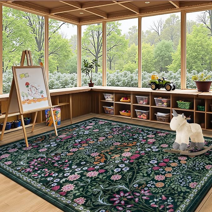PLHXFR Area Rug Living Room: 5x7 Floral Washable Boho Carpet Dark Green | - Image 5