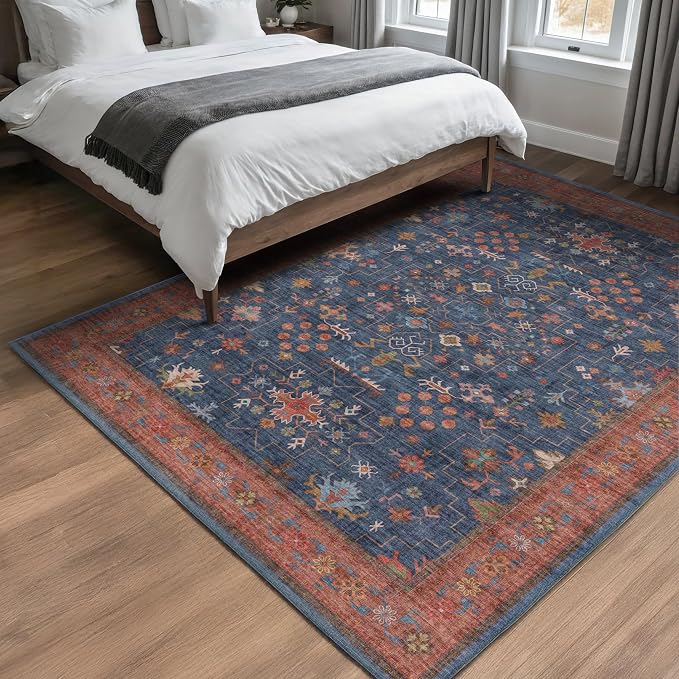 Dark Blue & Terracotta 5x8 Living Room Rug - Image 6