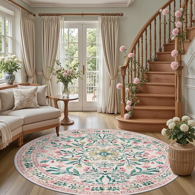 PLHXFR Round Area Rug Living Room: 6 ft Floral Washable Carpet Pink Green | - Image 2