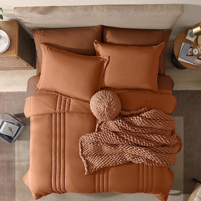 Monbix Queen Comforter Set - 7 Pieces Burnt Orange Bed in a Bag Queen Bedding Sets with Comforters, All Seasons Fall Comforter Bed Set with Sheets,Pillowcases & Shams