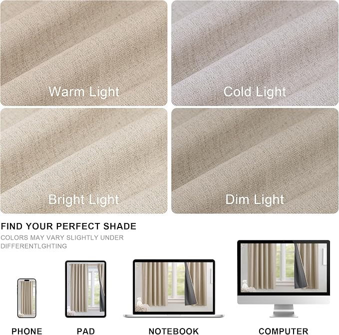 NICETOWN 100% Blackout Beige Linen Curtains 90" Length - Image 8