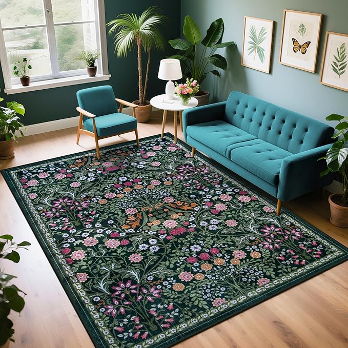 PLHXFR 6x9 Area Rug Living Room: Floral Washable Boho Carpet Dark Green | by PLHXFRSoftAreaRugs