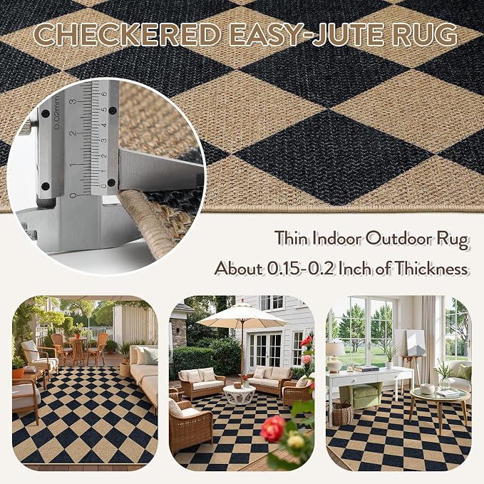 Lahome Checkered Easy Jute Outdoor Patio Rug, 8x10 Living Room Rug Washable | - Image 5
