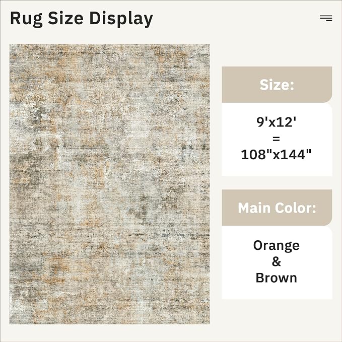 Soalmost 9x12 Area Rugs for Living Room Washable Rug Abstract Orange/Brown | - Image 5