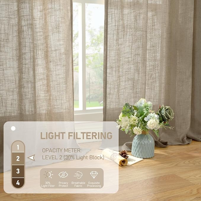 Taupe Semi Sheer Linen Curtains 63 Inch Length, Light Filtering Panels Bronze - Image 5