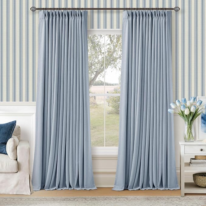 Light Blue Linen Memory Trained Black Out Pleated 105 Inch Curtains 2 Panel | by Twodrapes