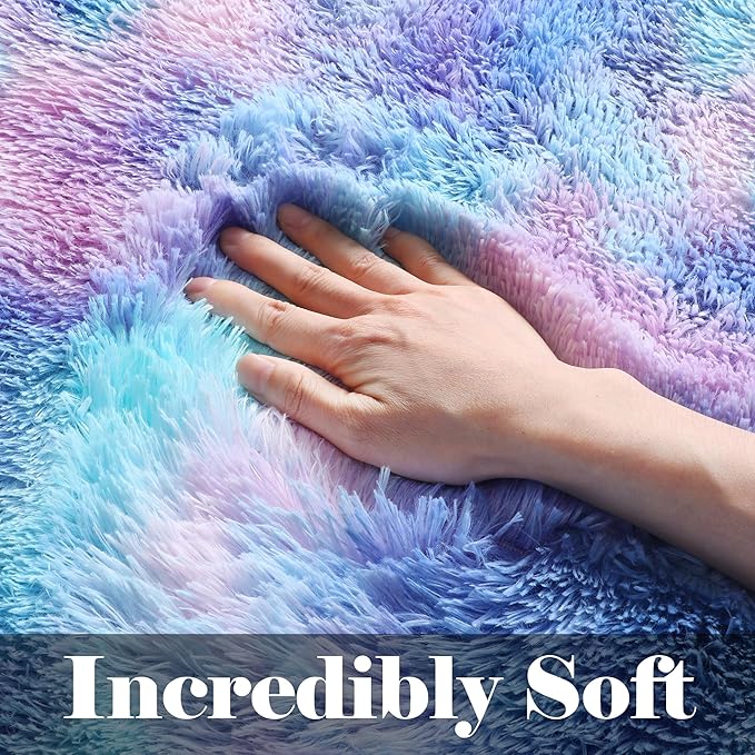 Fluffy Area Rugs for Girls Bedroom, 4x6 Purple Rainbow Bedside Rug, Indoor Cute - Image 2
