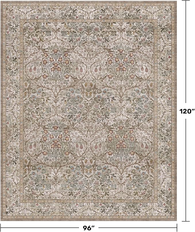 Vintage Moss Green Living Room Rug, Neutral Taupe 8x10 Washable Area Rugs - Image 2