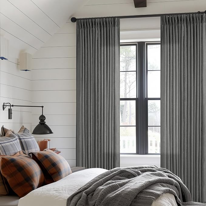 Charcoal Grey 84 Inch Pinch Pleated Linen Semi Sheer Curtains 2 Panel Set | - Image 8