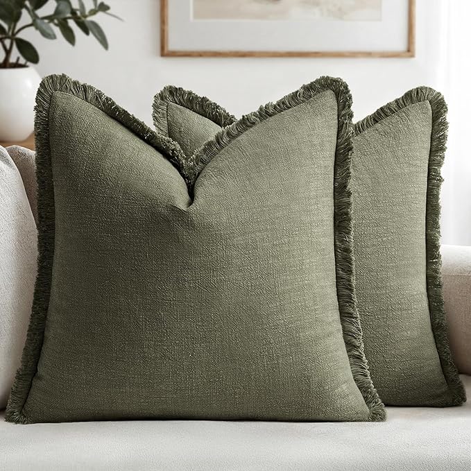 MIULEE Linen Fringe Decorative Euro Throw Pillow Covers Olive Green 28x28 | Set by MIULEE