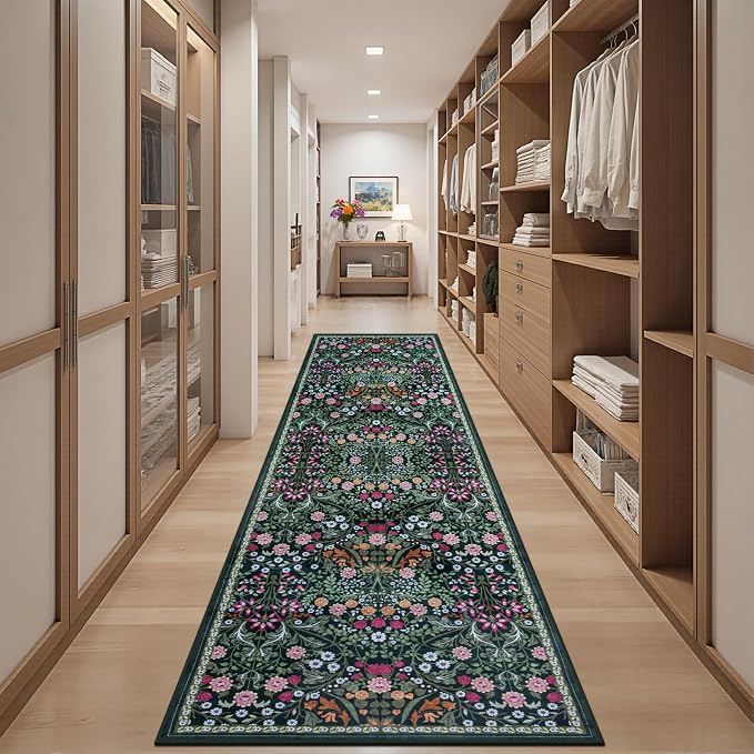 PLHXFR 2.6x10 Washable Runner Rug：Floral Indoor Kitchen Carpet Dark Green | - Image 5