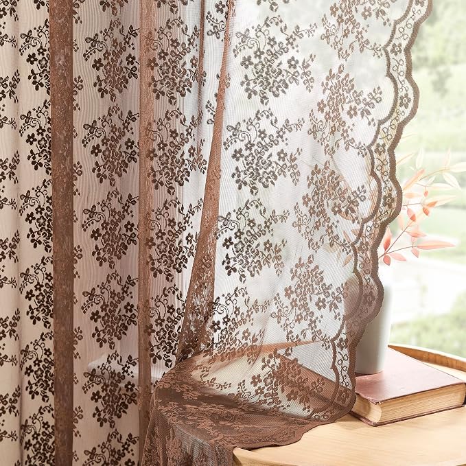 YJ YANJUN Vintage Lace Curtains 96 Inches Long-Victorian Floral Sheer Brown - Image 3