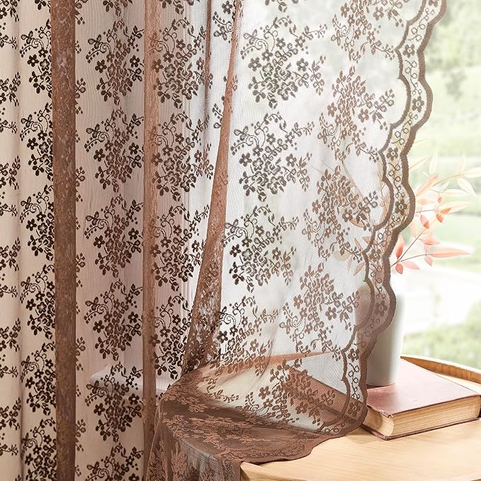 YJ YANJUN Vintage Lace Curtains 72 Inches Long- Country Brown Floral Curtains - Image 2