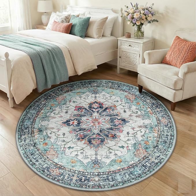 RELEANY Washable Area Rug, Round 5ft, Teal Green/White/Navy | Non-Slip - Image 2