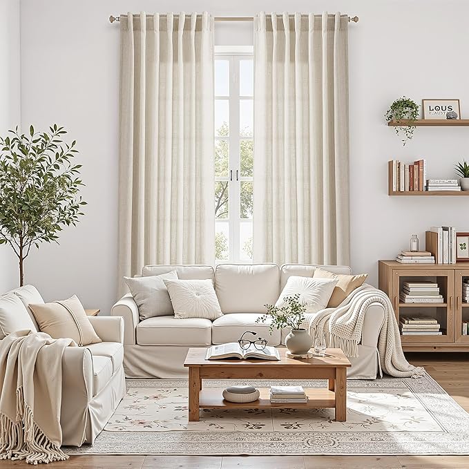 Warm Beige Linen Curtains 84 Inch Length 2 Panels Set - Image 4