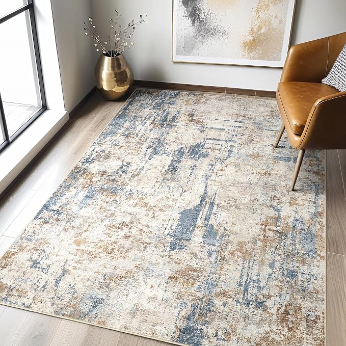 LOONGRUG 4x6 Area Rug Machine Washable Neutral Modern Rugs Blue Tan | Abstract by LOONGRUG
