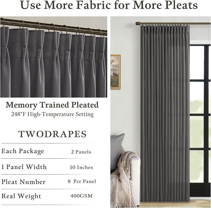 Pinch Pleat Flax Linen Semi Sheer Memory Shape Curtains Charcoal Grey 50x84 | - Image 4