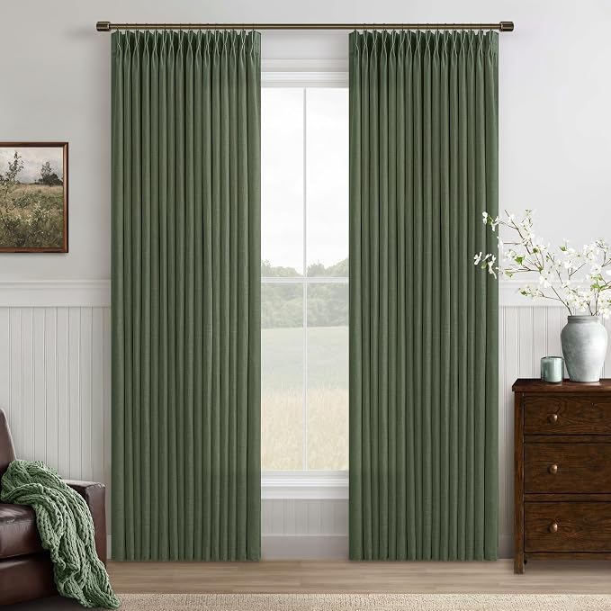 102 Inch Green Linen Blend Semi Sheer Pinch Pleat Memory Shape Curtains 50W | by Twodrapes