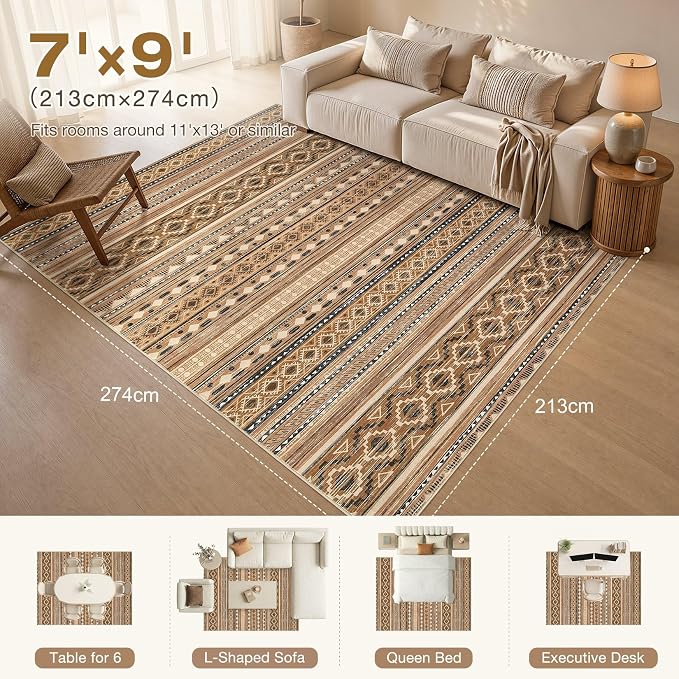 cotiled Boho 7x9 Area Rug for Living Room: Large Moroccan Washable Rug | Solve - Image 9