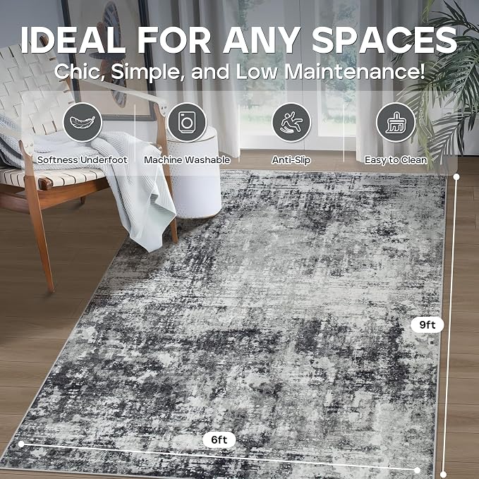 6x9 Area Rugs for Living Room Bedroom Dining Room Washable Black Grey | Soft - Image 2
