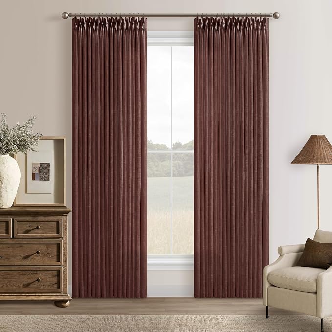 Linen Pleated Light Filter Sheer Rust Brown Curtains 80 Inch Long | Pleat Red by Twodrapes