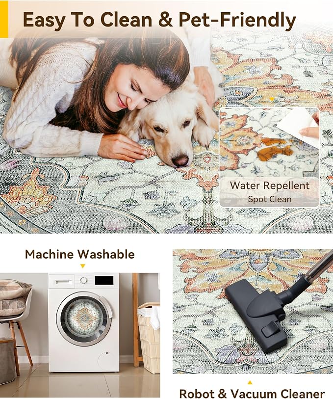 RELEANY Washable Area Rug, Round 10ft, Water Repellent, Pet Friendly, Vintage - Image 5