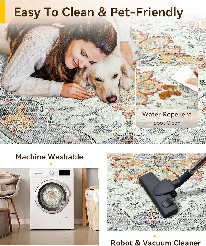 RELEANY Washable Area Rug, Round 8ft, Water Repellent, Pet Friendly, Vintage - Image 5