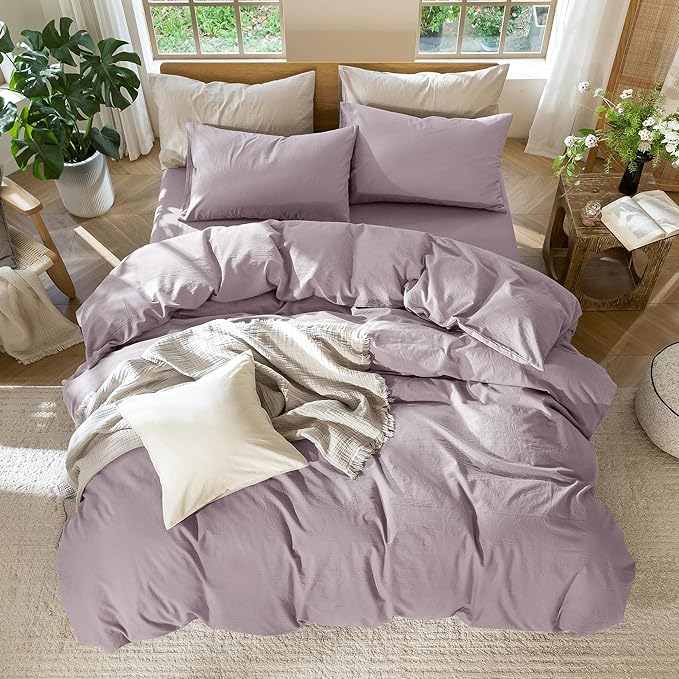 MooMee Bedding Duvet Cover Set 100% Washed Cotton Linen Like Textured Breathable Durable Soft Comfy (Solid Taro Purple, Cal King 104"x98")