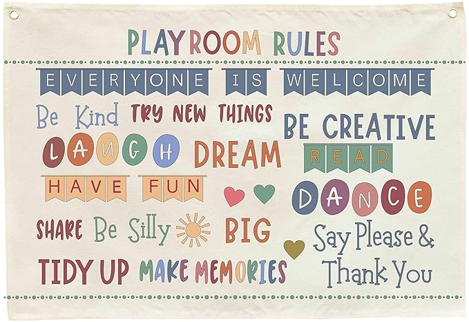 Sioial Playroom Kids Toddler Room Wall Decor, Play Room Rules Wall Decor for Kids Play Game Room Bedroom Nursery Home School Playroom Essentials,Canvas Hanging Banner Poster 28.5x20 Inch