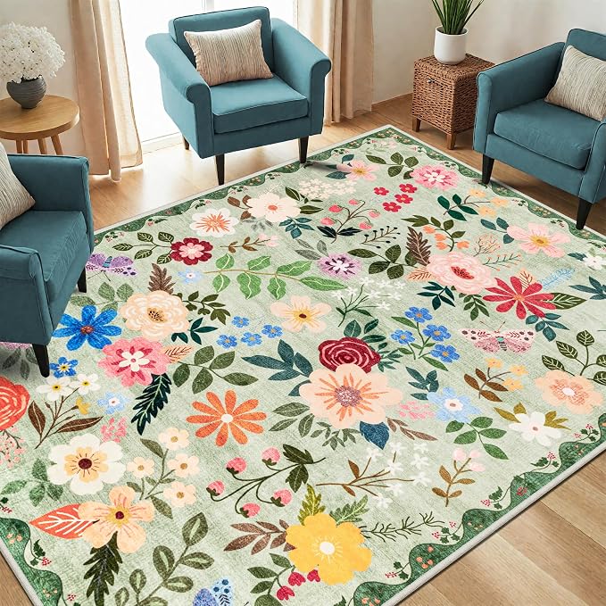 PLHXFR Area Rug Living Room: 4x6 Floral Washable Boho Soft Carpet Green | - Image 2