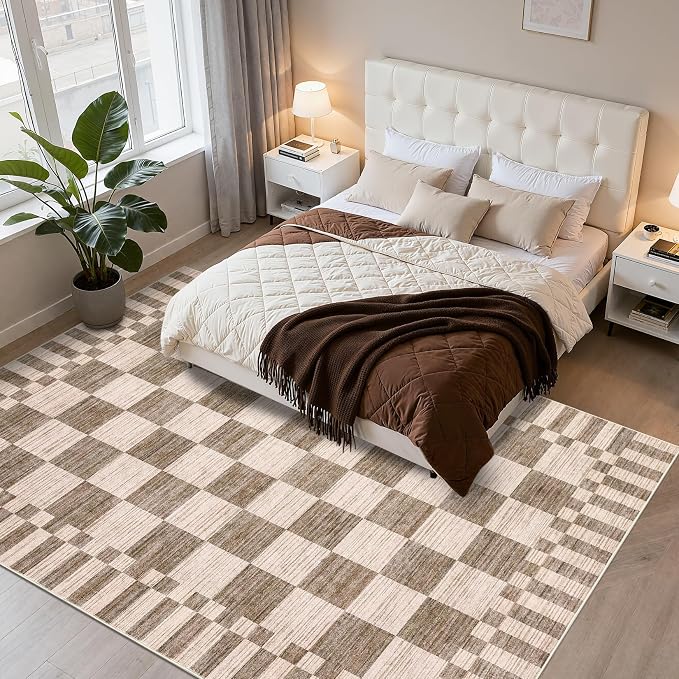 GarveeHome 8x10 Area Rugs Geometric Washable Modern Brown Checkered Rug | - Image 10