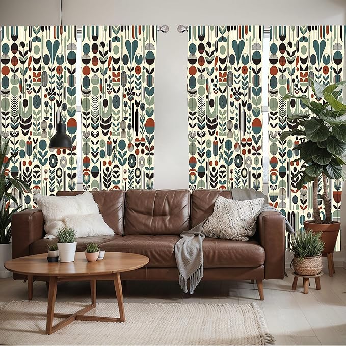 Ambesonne Leafy Art Window Curtains Pack of 2, Scandinavian Leaves Pattern with Geometric Roundy Modern Boho Print, Lightweight Set with Rod Pocket, 4 Panels of - 28" x 95", Pale Green Redwood Teal