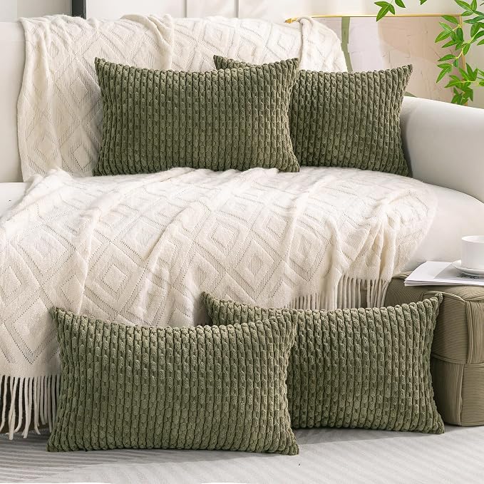 Set of 4 Olive Green Decorative Throw Pillow Covers 12x20 Inch Corduroy Pillow - Image 9