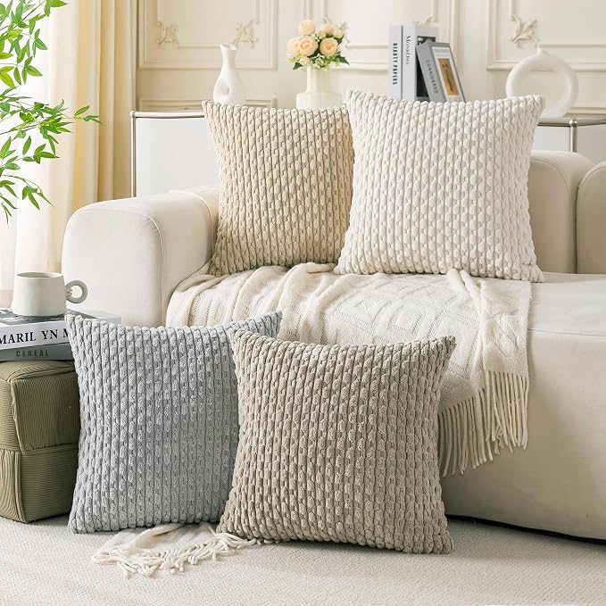Set of 4 Neutral Decorative Throw Pillow Covers 16x16 Inch Corduroy Pillow by Cozoomy