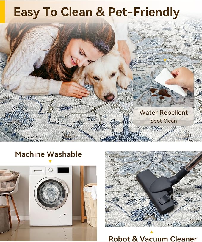 RELEANY Washable Area Rug, Round 7ft, Water Repellent, Pet Friendly, Vintage - Image 5